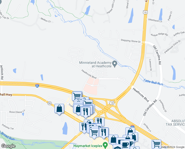 map of restaurants, bars, coffee shops, grocery stores, and more near 15391 Rosemont Manor Drive in Haymarket