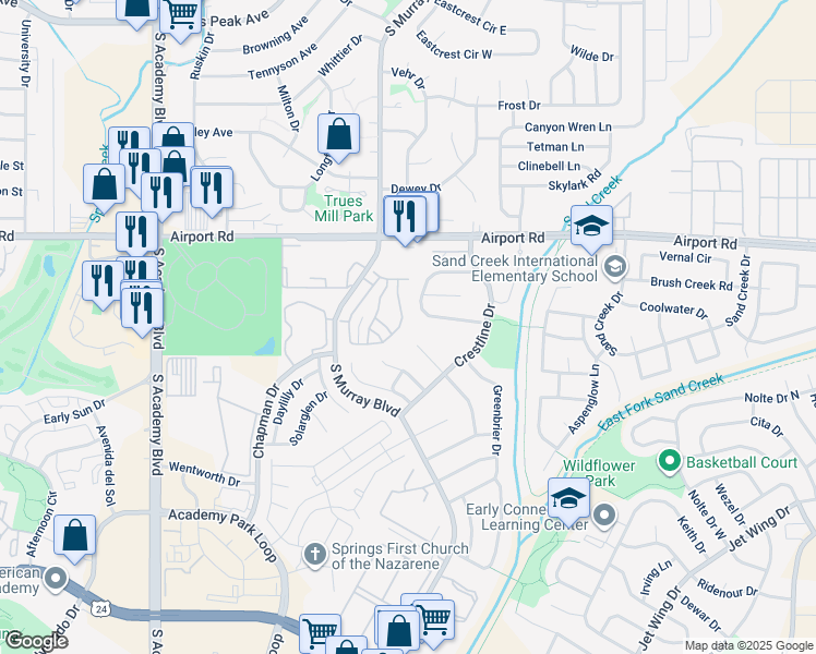 map of restaurants, bars, coffee shops, grocery stores, and more near 747 Cima Vista Point in Colorado Springs
