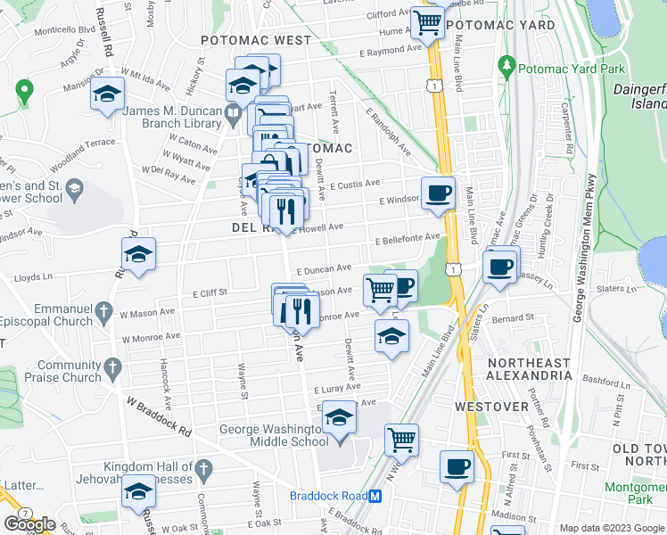 map of restaurants, bars, coffee shops, grocery stores, and more near 101 Independence Avenue Southeast in Washington