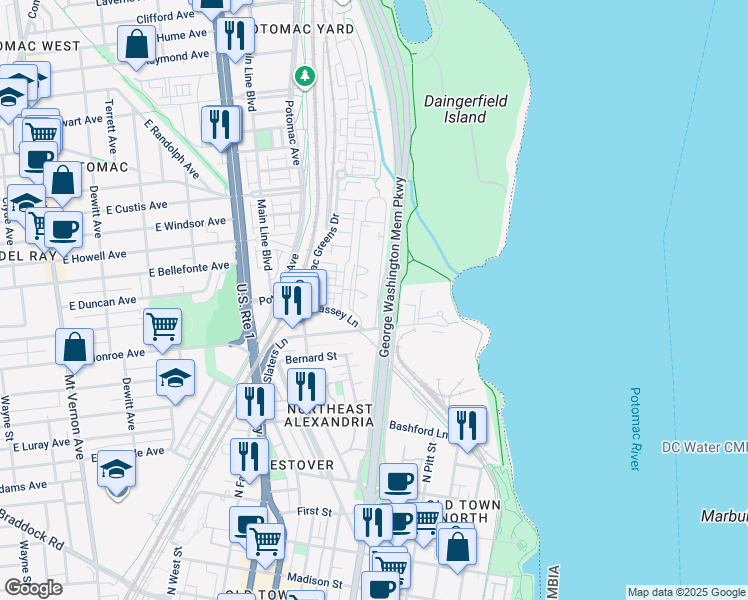 map of restaurants, bars, coffee shops, grocery stores, and more near 1618 West Abingdon Drive in Alexandria