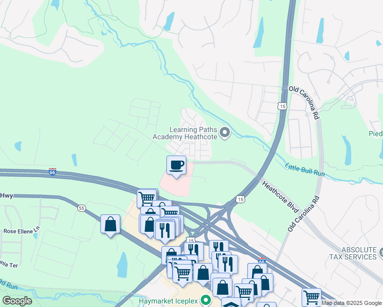 map of restaurants, bars, coffee shops, grocery stores, and more near 6280 Aster Haven Circle in Haymarket