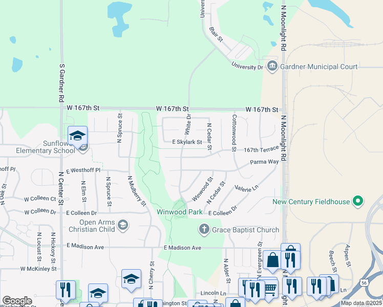 map of restaurants, bars, coffee shops, grocery stores, and more near 601 East Skylark Street in Gardner