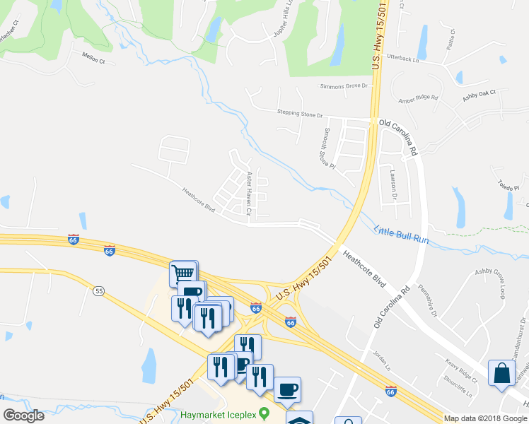 map of restaurants, bars, coffee shops, grocery stores, and more near 15113 Lilywood Lane in Haymarket