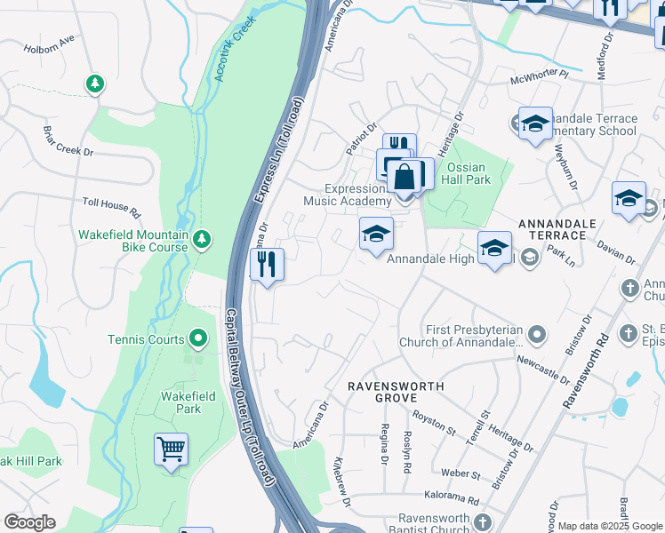 map of restaurants, bars, coffee shops, grocery stores, and more near 4604 Commons Drive in Annandale