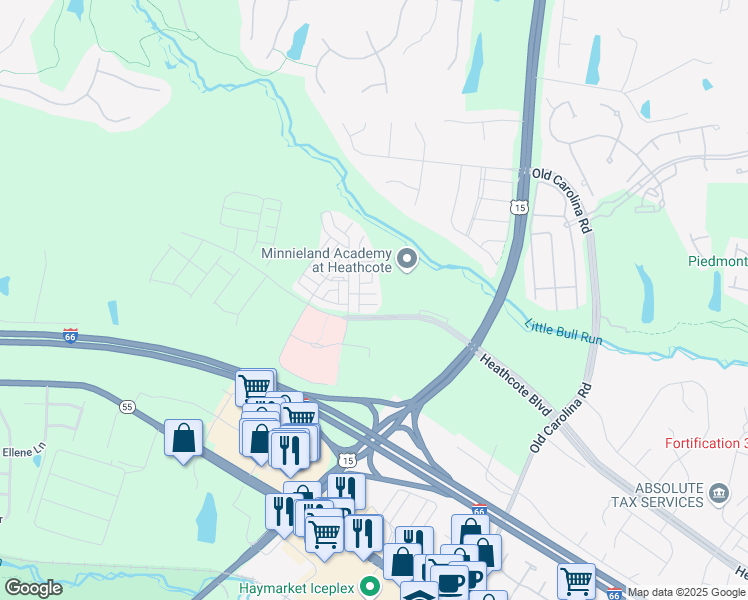 map of restaurants, bars, coffee shops, grocery stores, and more near 15105 Lilywood Lane in Haymarket