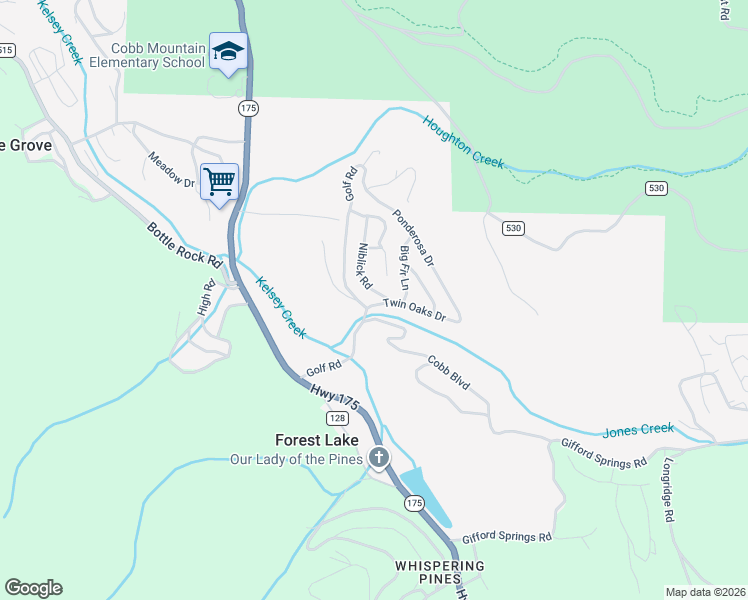 map of restaurants, bars, coffee shops, grocery stores, and more near 10352 Twin Oaks Drive in Cobb