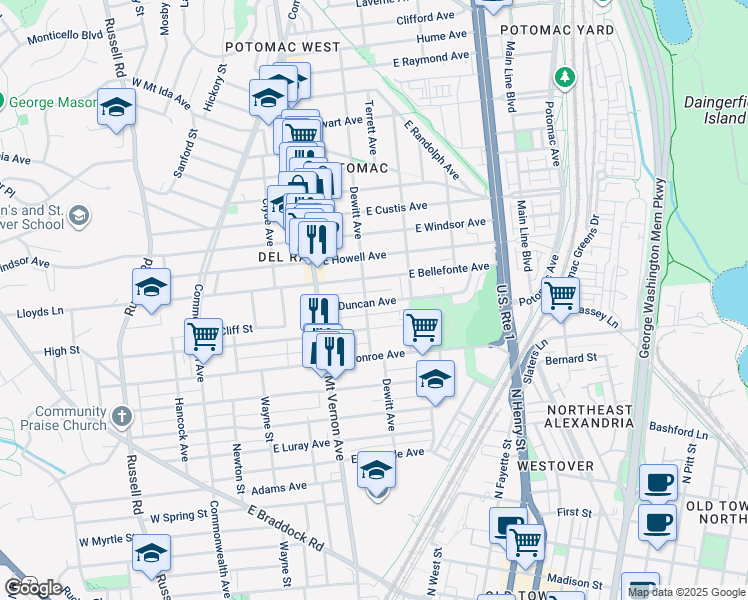 map of restaurants, bars, coffee shops, grocery stores, and more near 1707 Dewitt Avenue in Alexandria