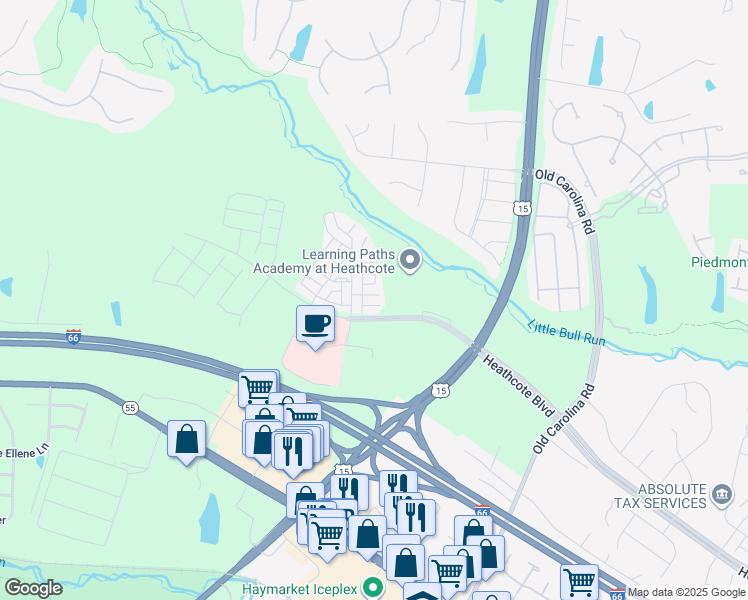 map of restaurants, bars, coffee shops, grocery stores, and more near 15113 Lilywood Lane in Haymarket
