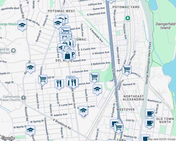 map of restaurants, bars, coffee shops, grocery stores, and more near East Duncan Avenue in Alexandria
