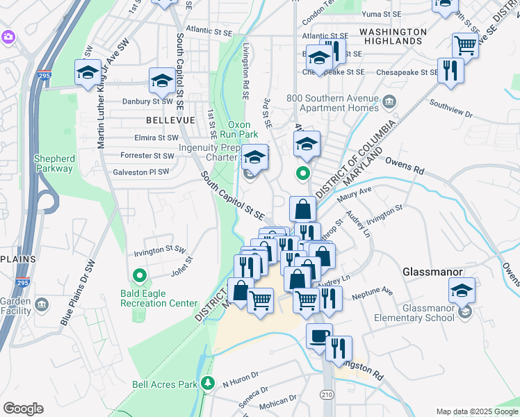 map of restaurants, bars, coffee shops, grocery stores, and more near 4646 South Capitol Street Southeast in Washington