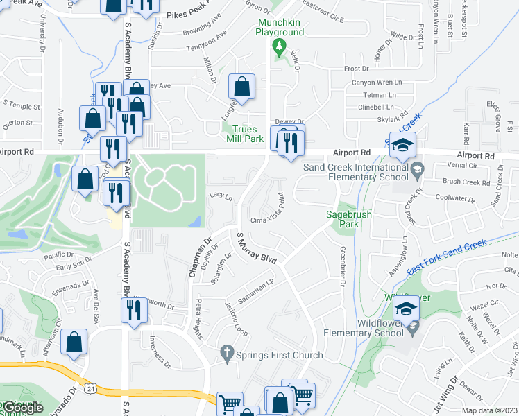 map of restaurants, bars, coffee shops, grocery stores, and more near 728 Bosque Vista Point in Colorado Springs