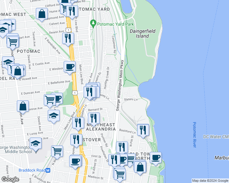 map of restaurants, bars, coffee shops, grocery stores, and more near 1712 West Abingdon Drive in Alexandria