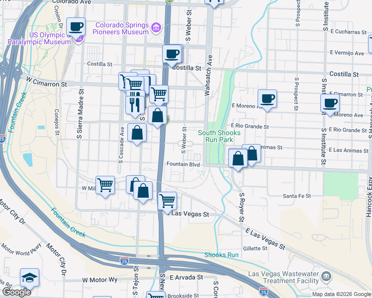 map of restaurants, bars, coffee shops, grocery stores, and more near 305 East Las Animas Street in Colorado Springs