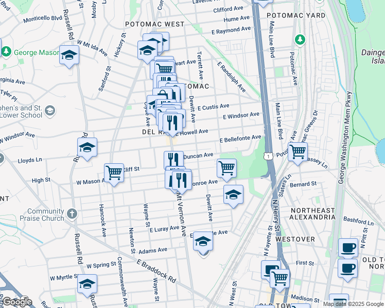 map of restaurants, bars, coffee shops, grocery stores, and more near 220 East Duncan Avenue in Alexandria
