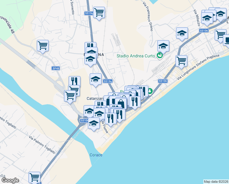 map of restaurants, bars, coffee shops, grocery stores, and more near Via Nazionale in Catanzaro