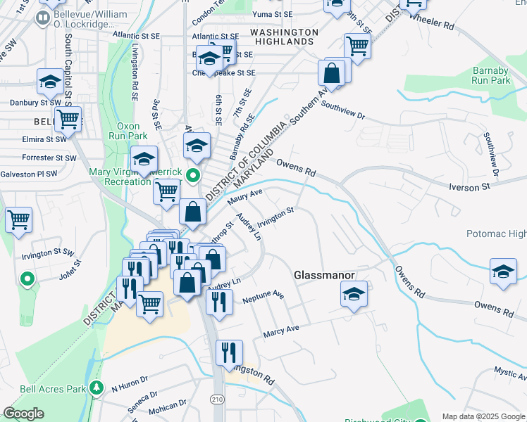 map of restaurants, bars, coffee shops, grocery stores, and more near 4924 Maury Place in Oxon Hill