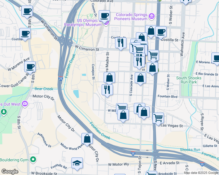 map of restaurants, bars, coffee shops, grocery stores, and more near 121 West Las Animas Street in Colorado Springs
