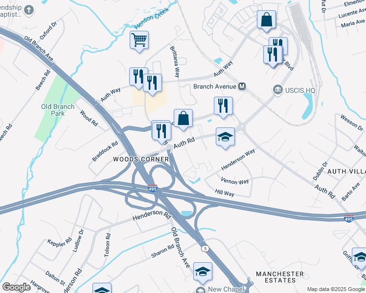 map of restaurants, bars, coffee shops, grocery stores, and more near 5211 Auth Rd in Suitland