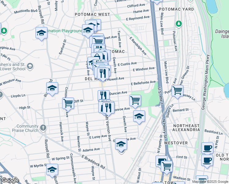 map of restaurants, bars, coffee shops, grocery stores, and more near 220 East Duncan Avenue in Alexandria