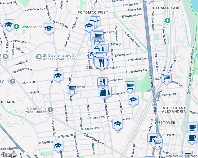 map of restaurants, bars, coffee shops, grocery stores, and more near 1800 Mount Vernon Avenue in Alexandria