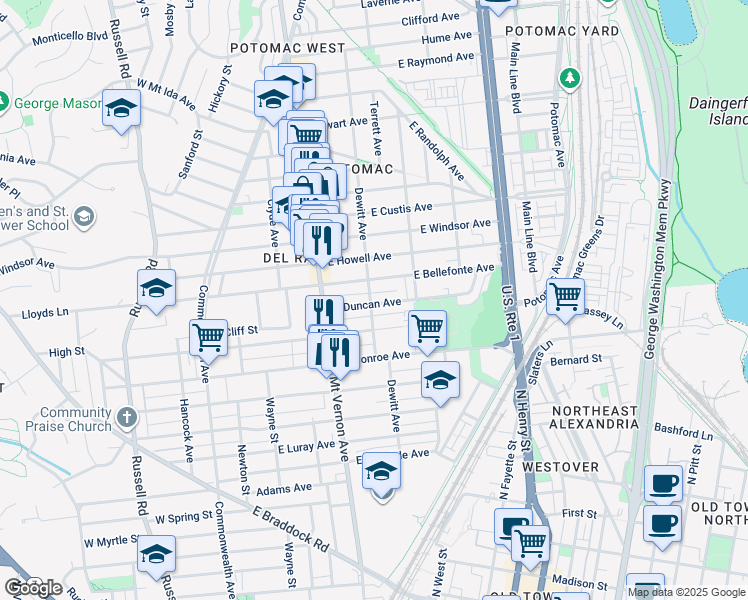map of restaurants, bars, coffee shops, grocery stores, and more near 1807 Dewitt Avenue in Alexandria
