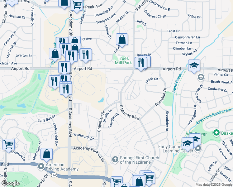 map of restaurants, bars, coffee shops, grocery stores, and more near 4165 Lacy Lane in Colorado Springs