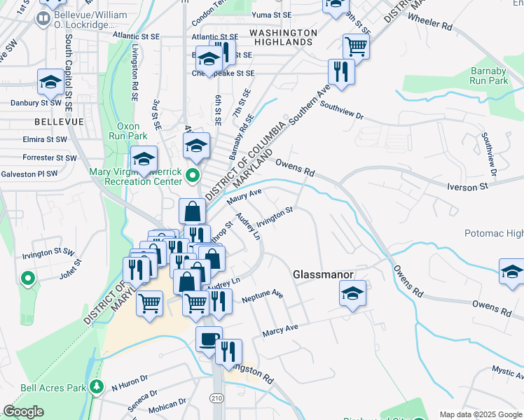 map of restaurants, bars, coffee shops, grocery stores, and more near 4924 Maury Place in Oxon Hill