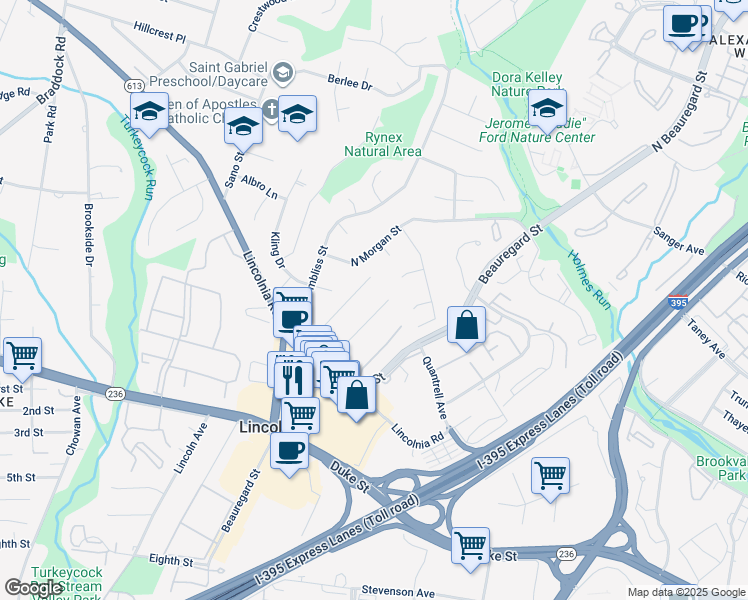 map of restaurants, bars, coffee shops, grocery stores, and more near 4628 Barnum Lane in Alexandria