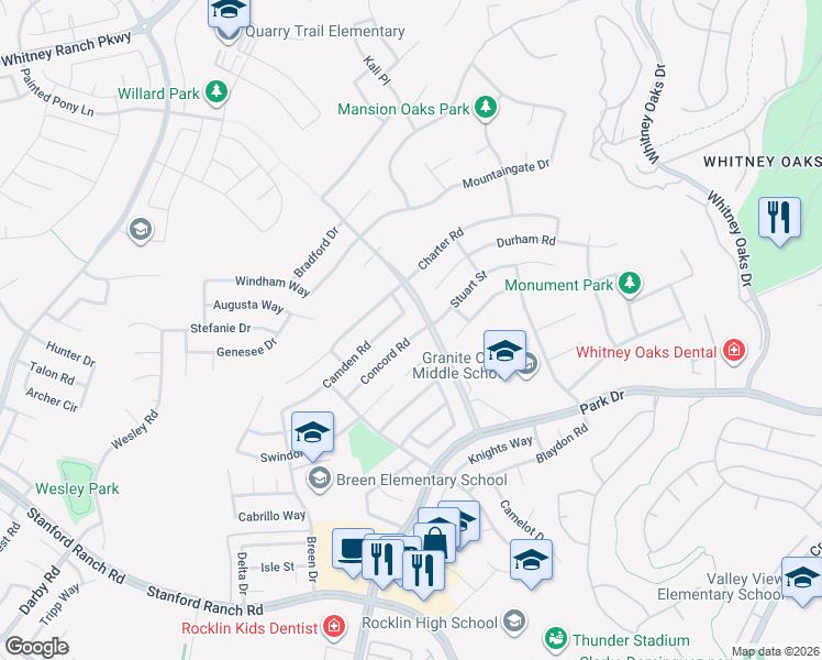 map of restaurants, bars, coffee shops, grocery stores, and more near 5034 Concord Road in Rocklin