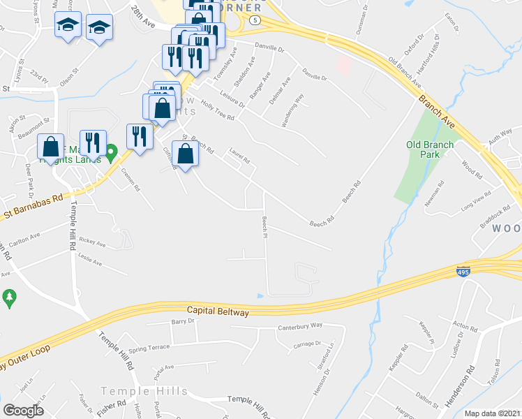 map of restaurants, bars, coffee shops, grocery stores, and more near 4890 Stamp Rd in Temple Hills