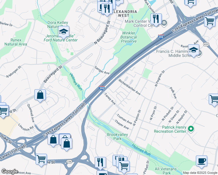 map of restaurants, bars, coffee shops, grocery stores, and more near 917 North Van Dorn Street in Alexandria
