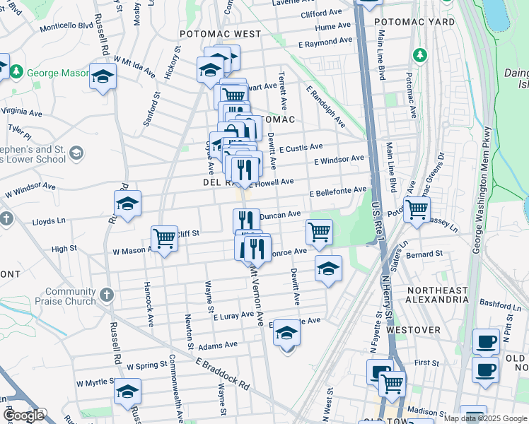 map of restaurants, bars, coffee shops, grocery stores, and more near 101 Independence Avenue Southeast in Washington