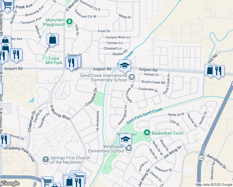 map of restaurants, bars, coffee shops, grocery stores, and more near 4515 Star Ridge Drive in Colorado Springs