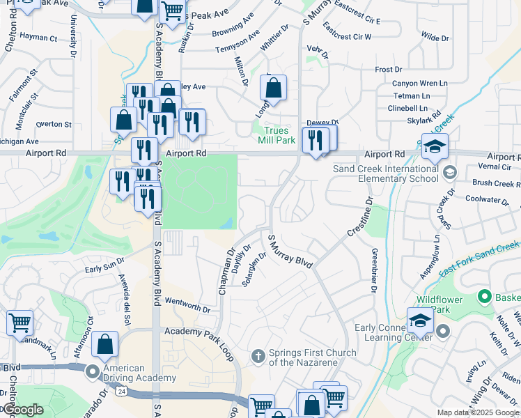 map of restaurants, bars, coffee shops, grocery stores, and more near 4175 Lacy Lane in Colorado Springs