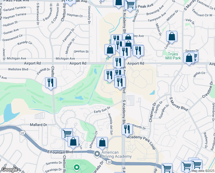 map of restaurants, bars, coffee shops, grocery stores, and more near 411 Lakewood Circle in Colorado Springs