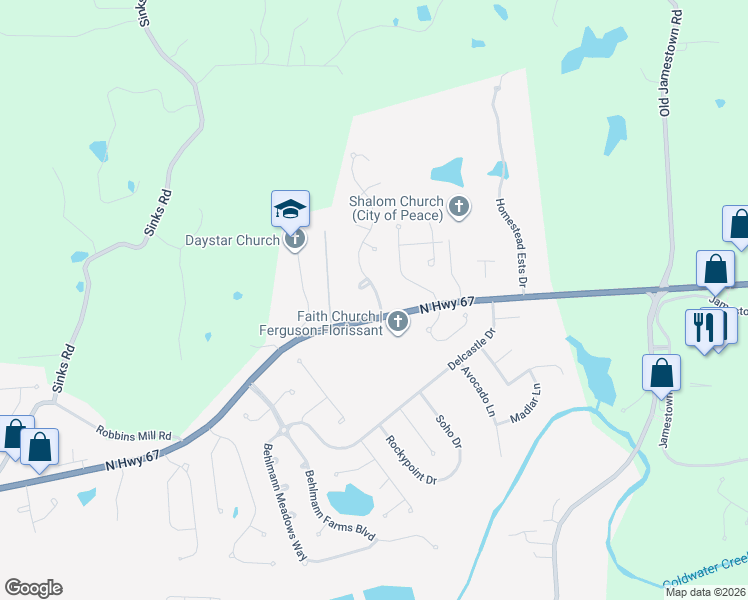 map of restaurants, bars, coffee shops, grocery stores, and more near 14311 Jamestown Bay Drive in Florissant