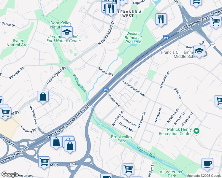 map of restaurants, bars, coffee shops, grocery stores, and more near 927 North Van Dorn Street in Alexandria