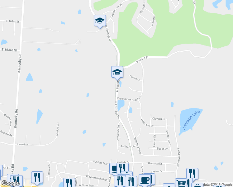 map of restaurants, bars, coffee shops, grocery stores, and more near North Foxridge Drive in Raymore