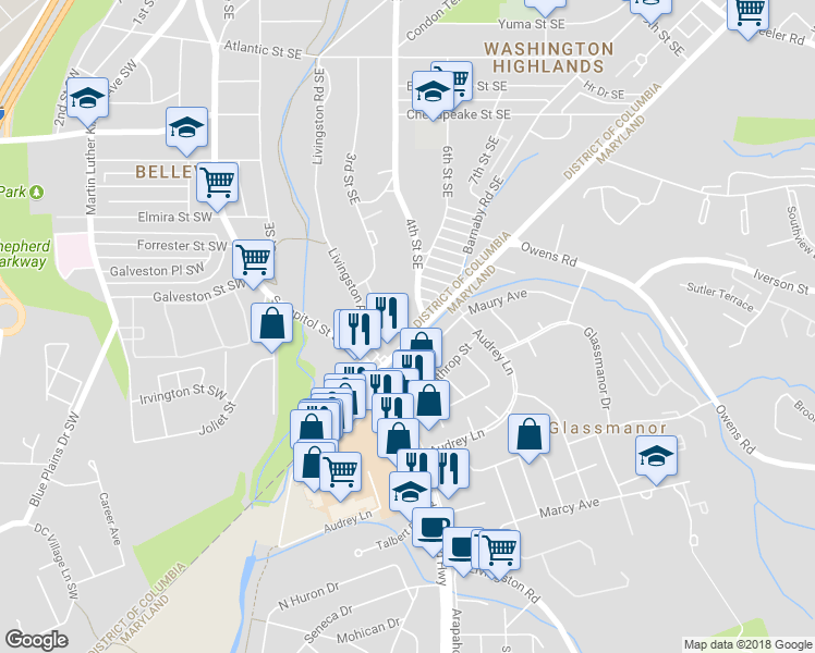 map of restaurants, bars, coffee shops, grocery stores, and more near 4627 6th Street Southeast in Washington