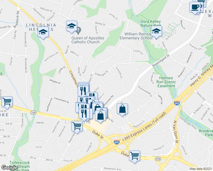 map of restaurants, bars, coffee shops, grocery stores, and more near 4628 Barnum Lane in Alexandria