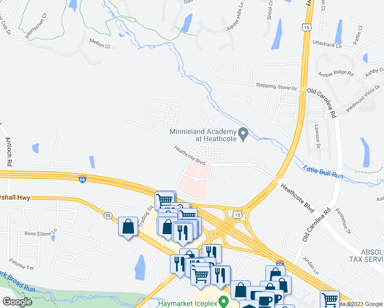 map of restaurants, bars, coffee shops, grocery stores, and more near 15424 Rosemont Manor Drive in Haymarket