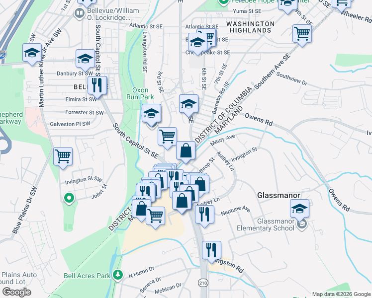 map of restaurants, bars, coffee shops, grocery stores, and more near 4627 6th Street Southeast in Washington