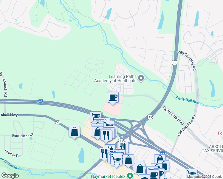 map of restaurants, bars, coffee shops, grocery stores, and more near 15426 Rosemont Manor Drive in Haymarket