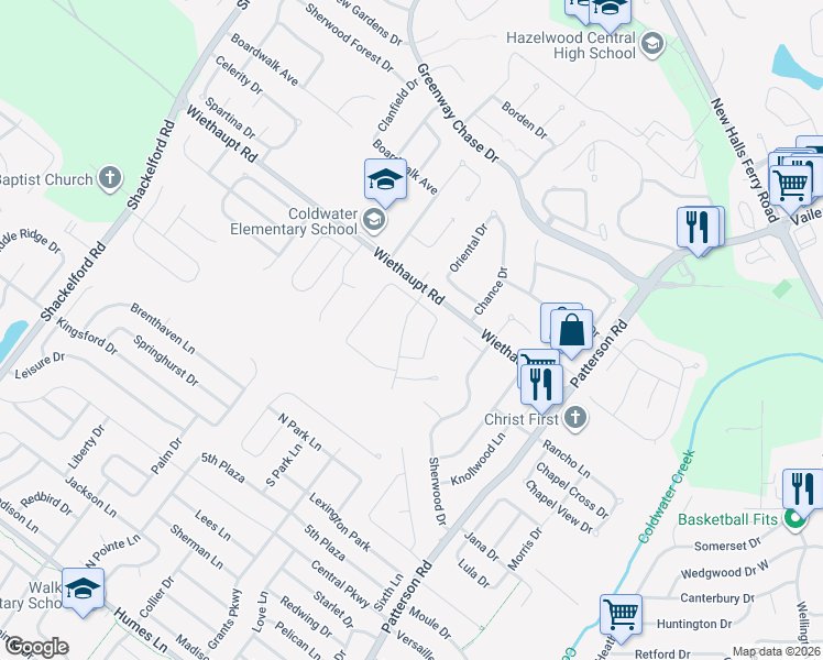 map of restaurants, bars, coffee shops, grocery stores, and more near 2820 Grants Parkway in Florissant