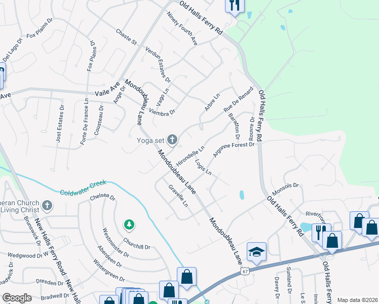 map of restaurants, bars, coffee shops, grocery stores, and more near 14705 Airelle Court in Florissant