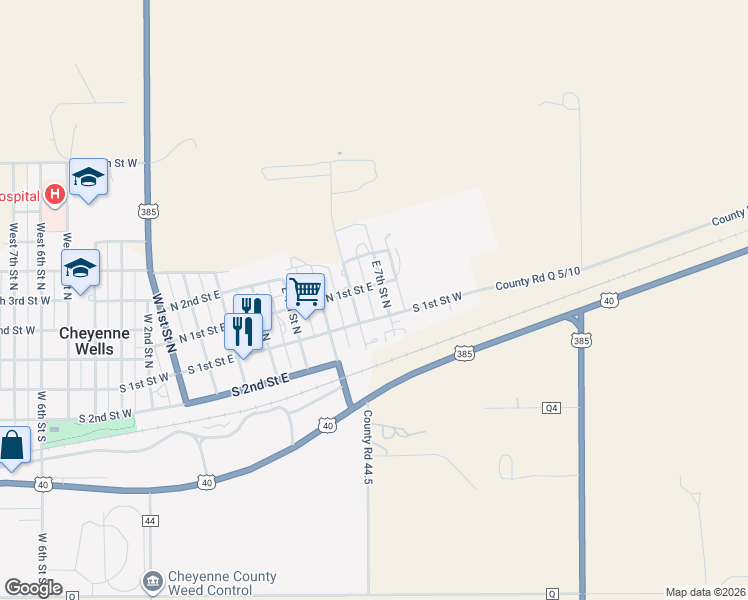 map of restaurants, bars, coffee shops, grocery stores, and more near 90 East 7th Street North in Cheyenne Wells