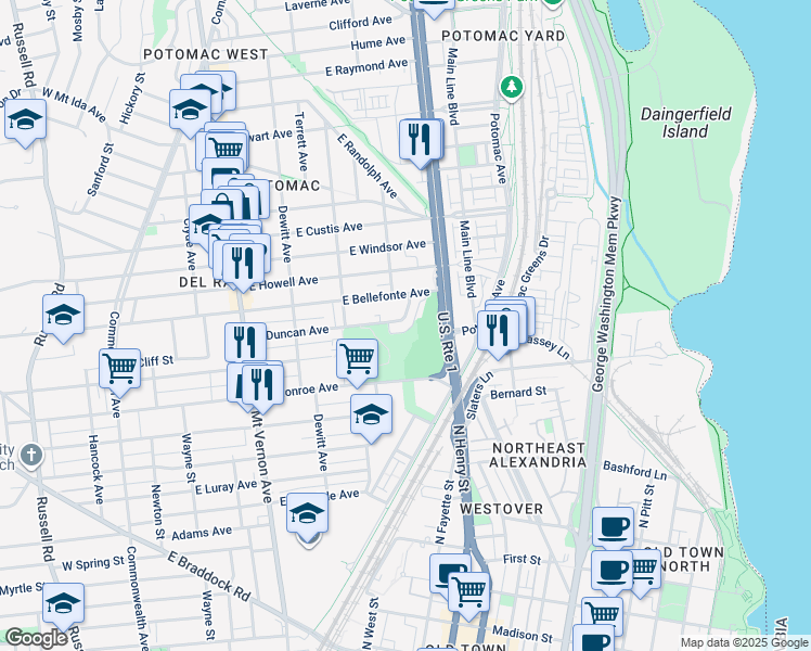 map of restaurants, bars, coffee shops, grocery stores, and more near 519 East Duncan Avenue in Alexandria