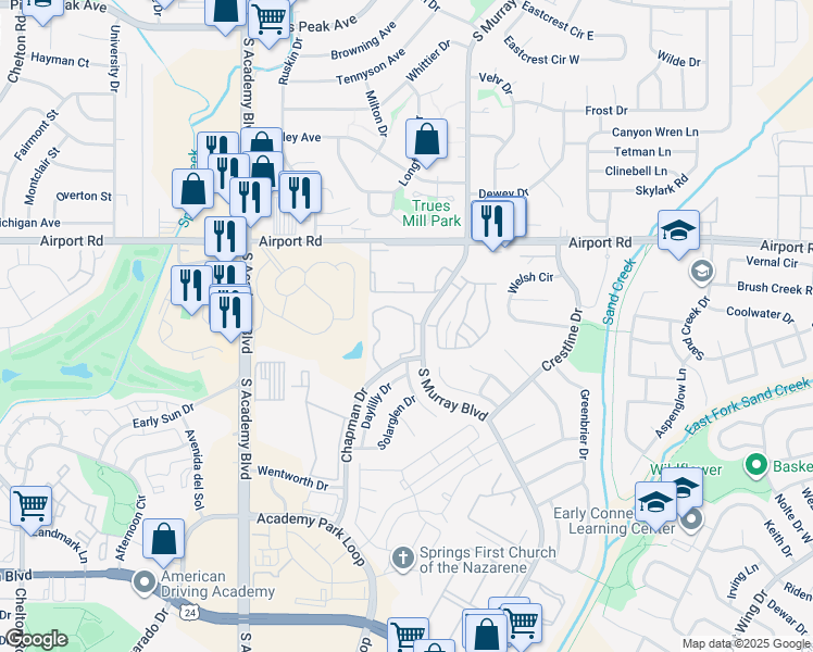 map of restaurants, bars, coffee shops, grocery stores, and more near 4165 Lacy Lane in Colorado Springs