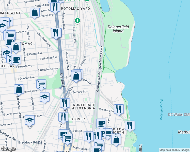 map of restaurants, bars, coffee shops, grocery stores, and more near 1720 West Abingdon Drive in Alexandria