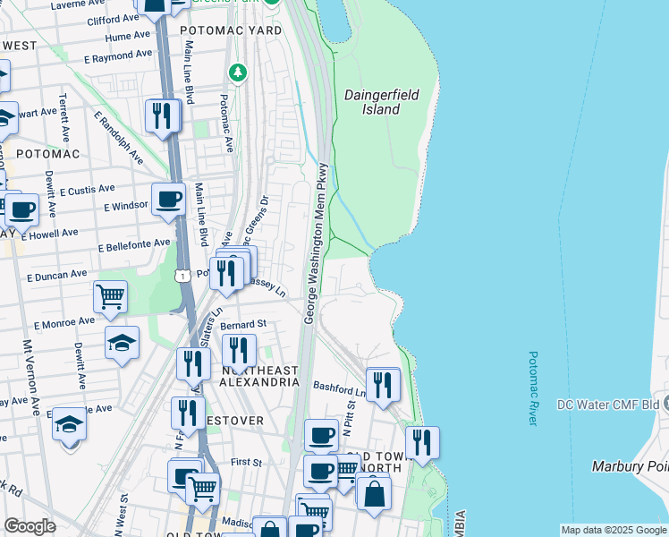 map of restaurants, bars, coffee shops, grocery stores, and more near 635 Slaters Lane in Alexandria